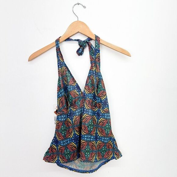 Lifestyles Direct Women’s Tan Through Printed Halter Neck Tie V Neck Tankini - Picture 1 of 5